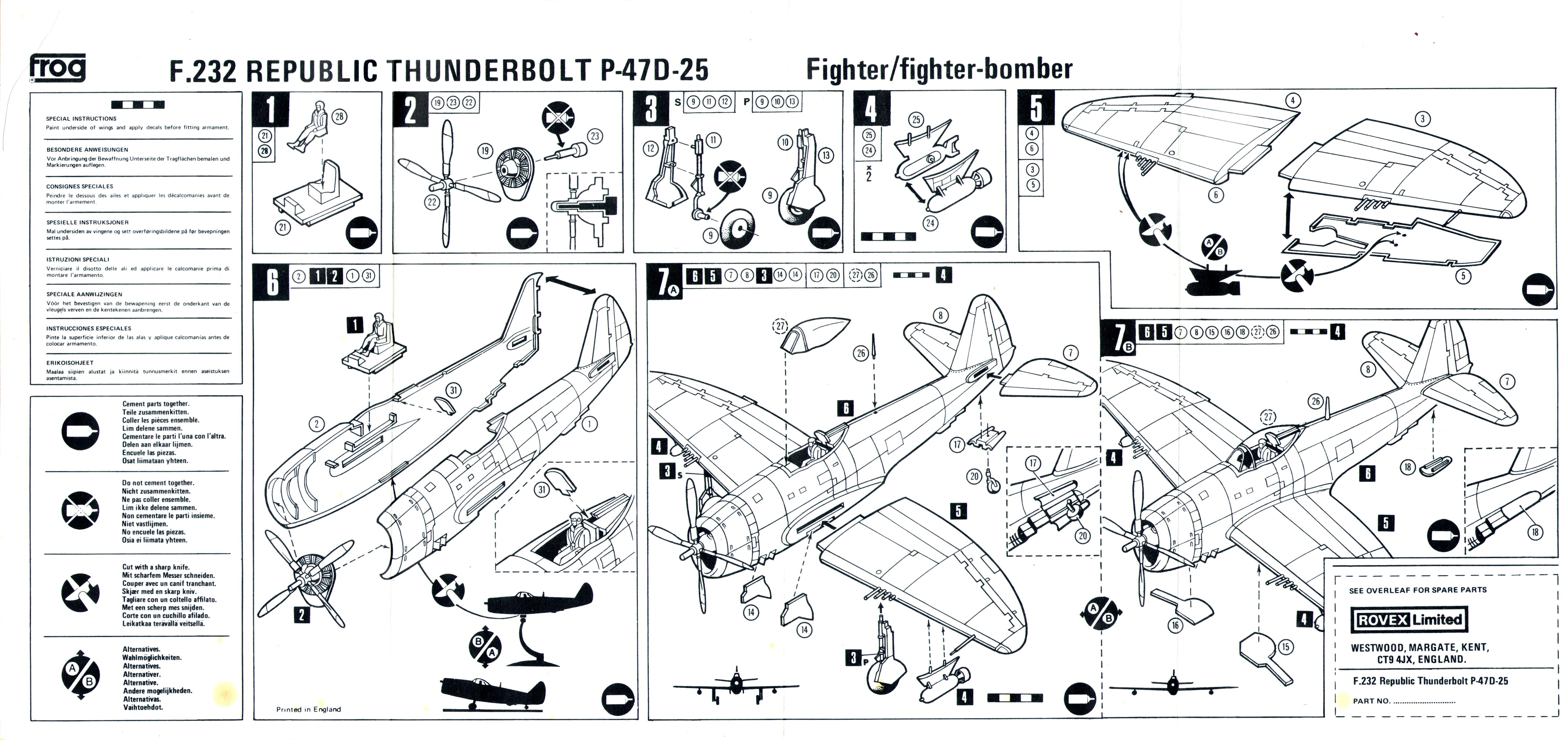 FROG F232 Red Series Thunderbolt - Fighter Bomber, Rovex Models & Hobbies, 1975, assembly instructions
